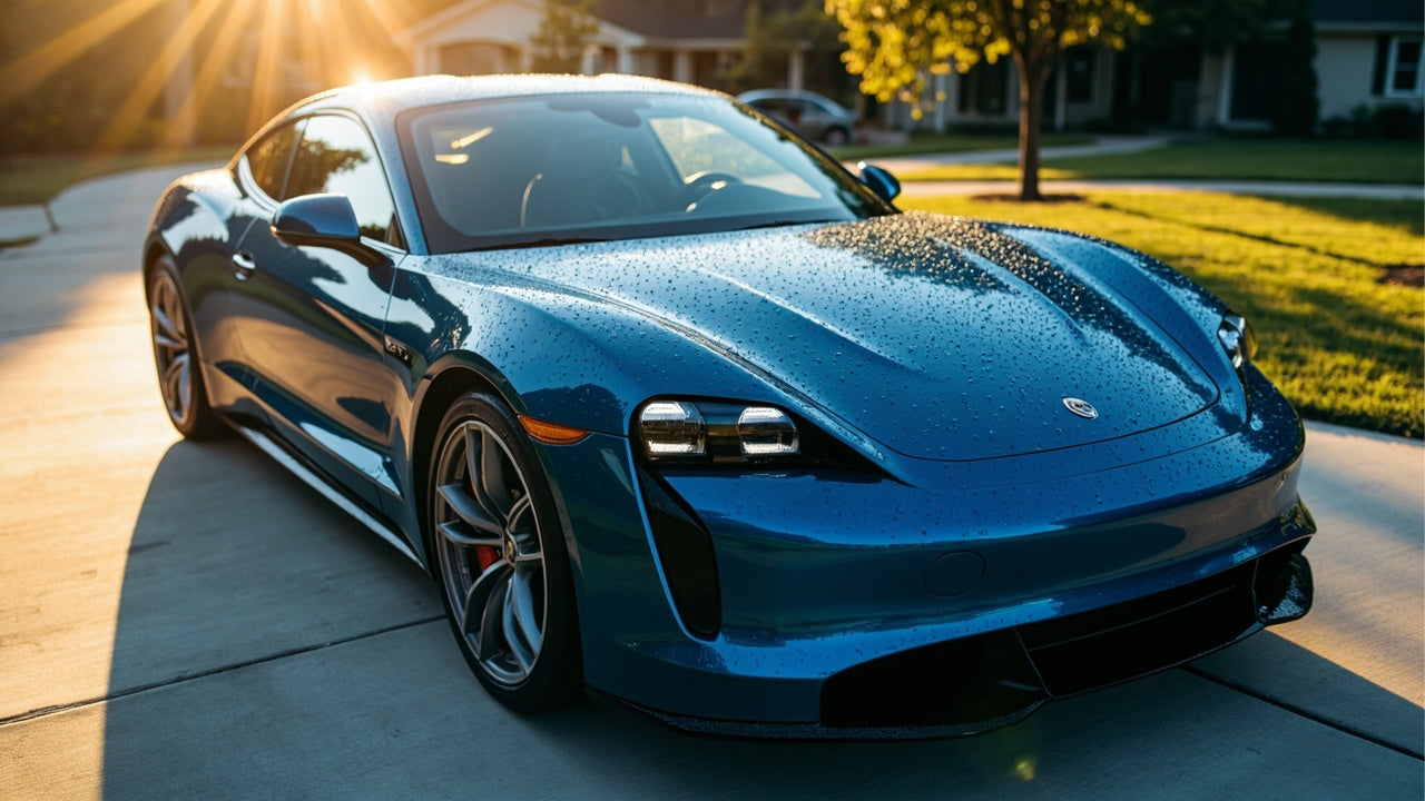 shiny car in bright driveway with clean reflections and soft natural light