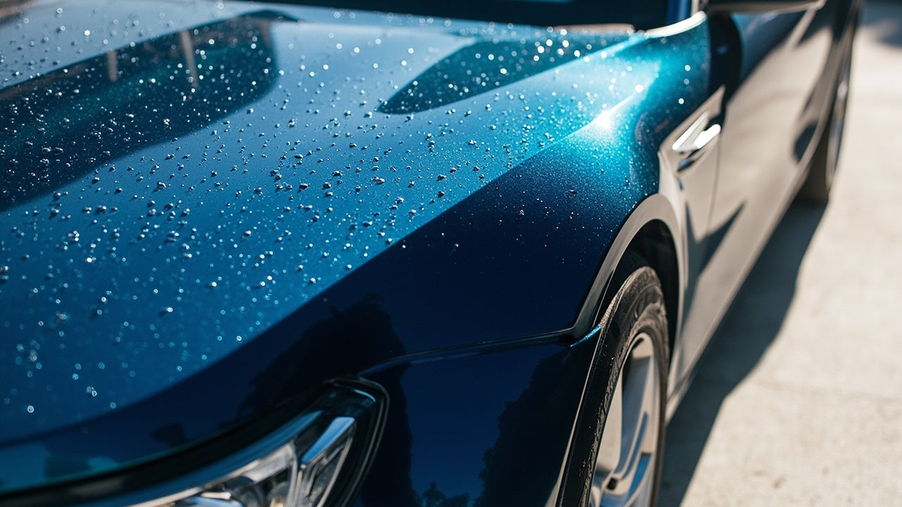 a shiny car in a bright driveway with clean reflections and soft natural light